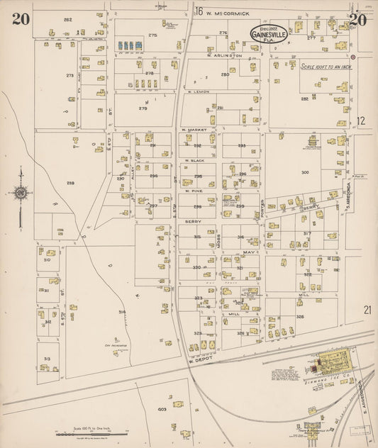 Sanborn Fire Insurance Map from Gainesville, Alachua County, Florida (1922), Sheet #0020 - Historic Sanborn Fire Insurance Map Print, vintage old map wall art, antique decor, genealogy gift, Florida Florida map