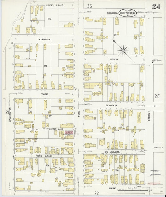 Sanborn Fire Insurance Map from Ogdensburg, St. Lawrence County, New York (1909), Sheet #0024 - Historic Sanborn Fire Insurance Map Print, vintage old map wall art, antique decor, genealogy gift, New York New York map