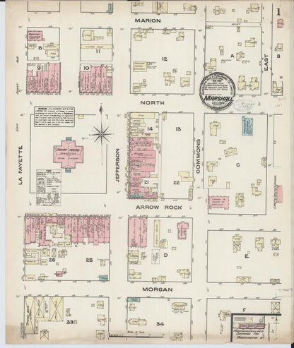 Sanborn Fire Insurance Map from Marshall, Saline County, Missouri (1883), Sheet #0001 - Complete Map Set gallery image, historic Sanborn map, vintage wall art, Missouri Missouri