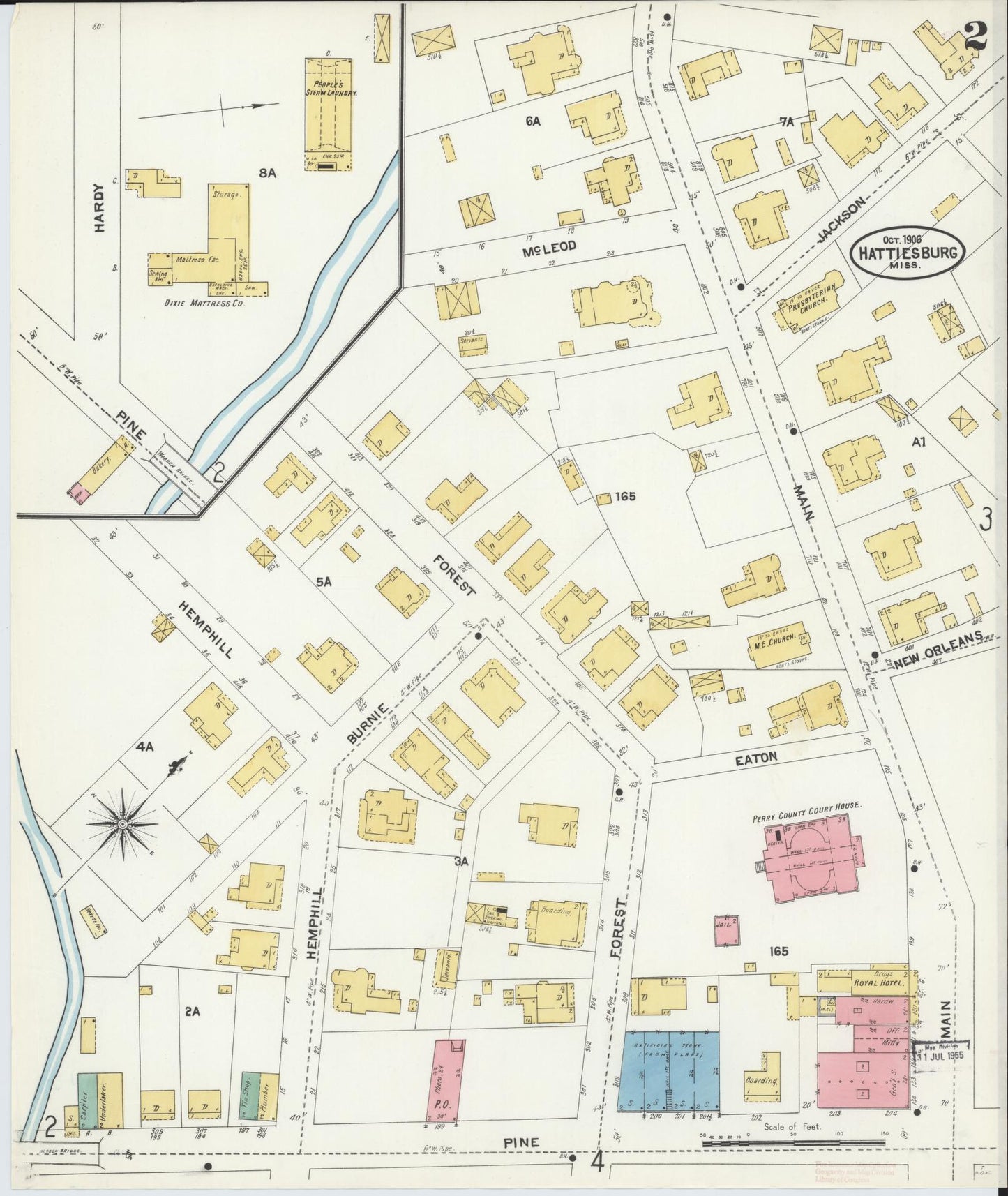 Sanborn Fire Insurance Map from Hattiesburg, Forrest County, Mississippi (1906), Sheet #0002 - Complete Map Set gallery image, historic Sanborn map, vintage wall art, Mississippi Mississippi