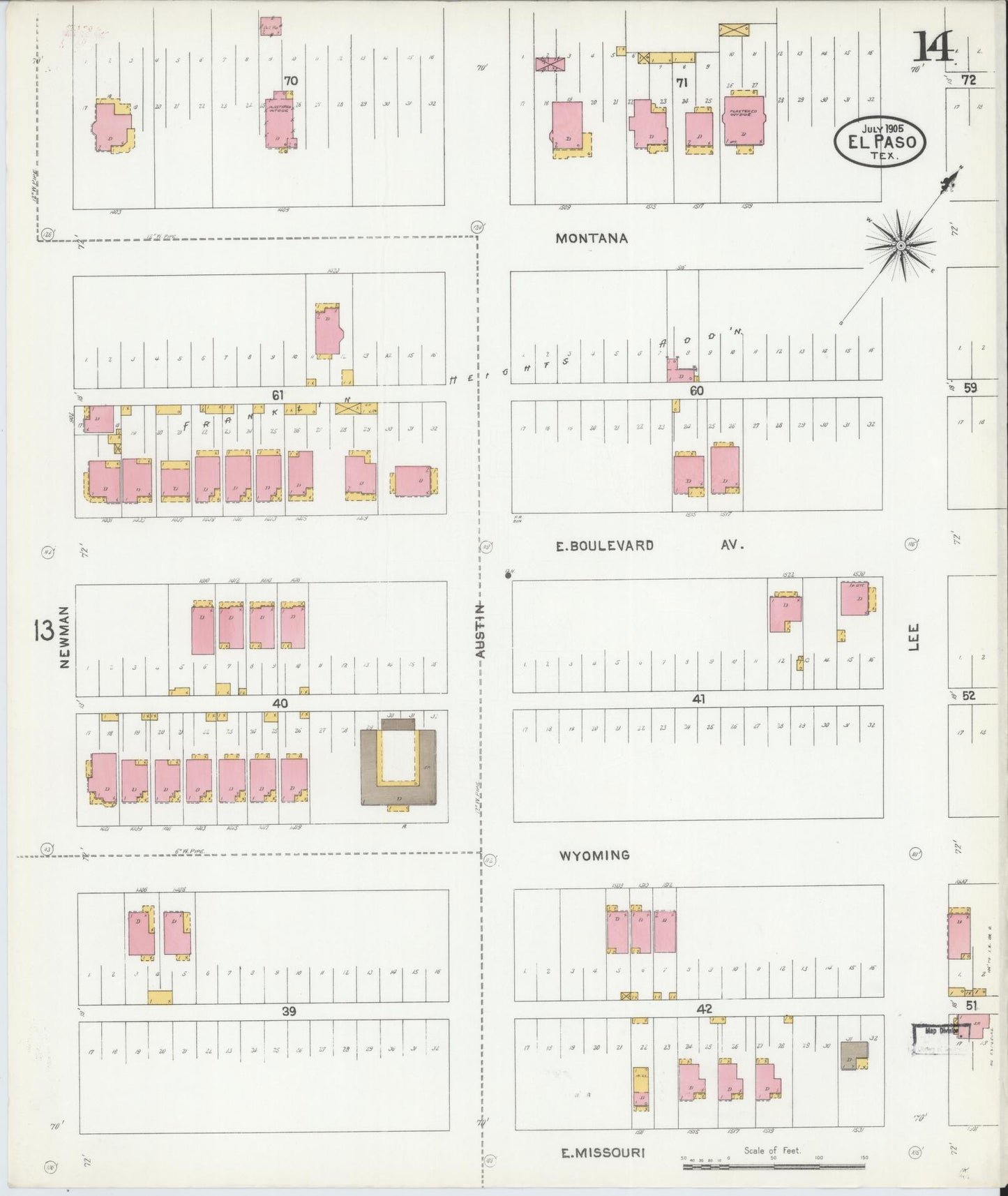 Sanborn Fire Insurance Map from El Paso, El Paso County, Texas (1905), Sheet #0014 - Complete Map Set gallery image, historic Sanborn map, vintage wall art, Texas Texas