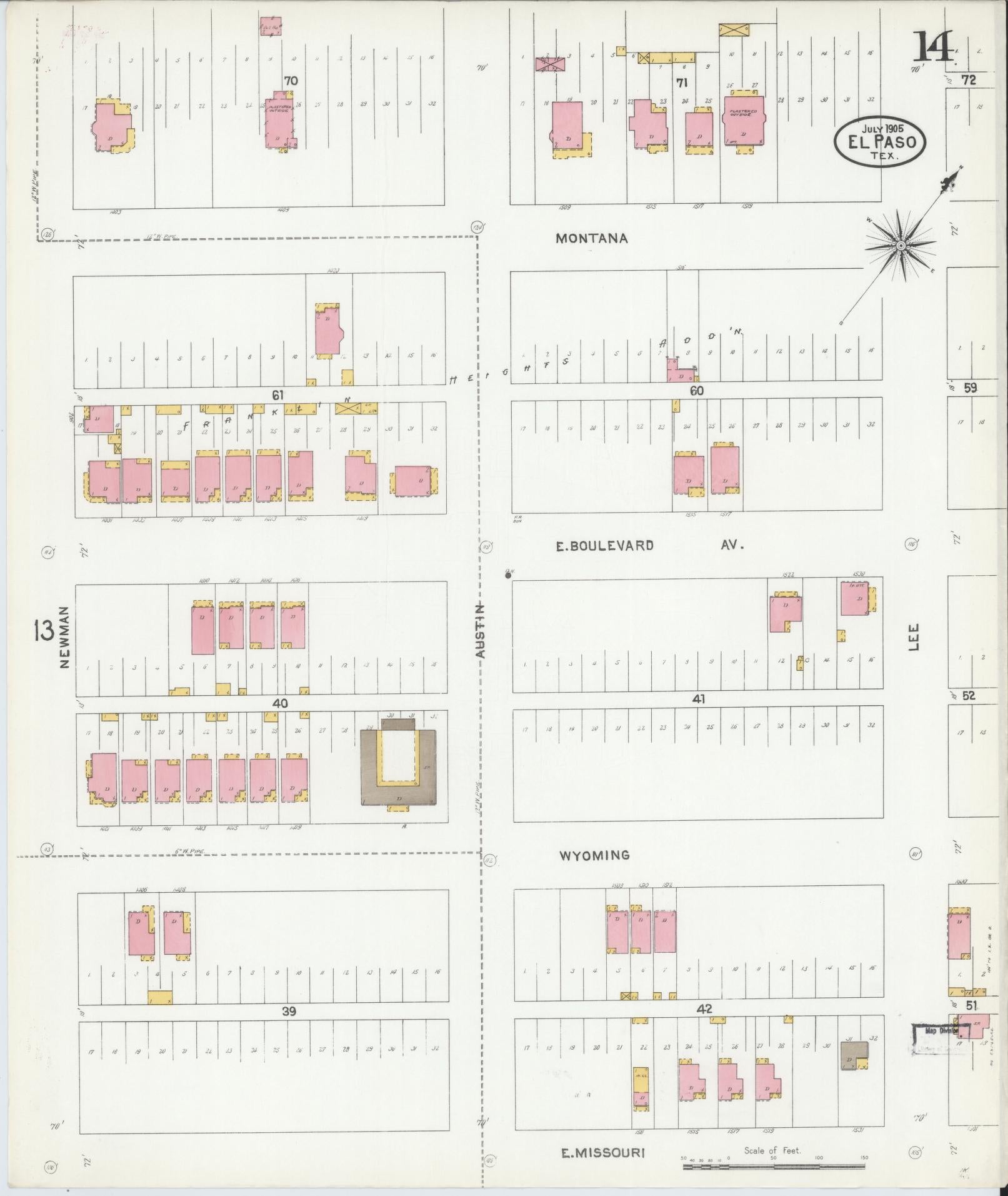 Sanborn Fire Insurance Map from El Paso, El Paso County, Texas (1905), Sheet #0014 - Complete Map Set gallery image, historic Sanborn map, vintage wall art, Texas Texas