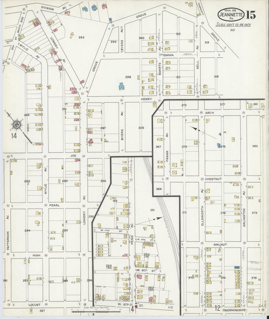 Sanborn Fire Insurance Map from Jeannette, Westmoreland County, Pennsylvania (1916), Sheet #0015 - Historic Sanborn Fire Insurance Map Print, vintage old map wall art, antique decor, genealogy gift, Pennsylvania Pennsylvania map
