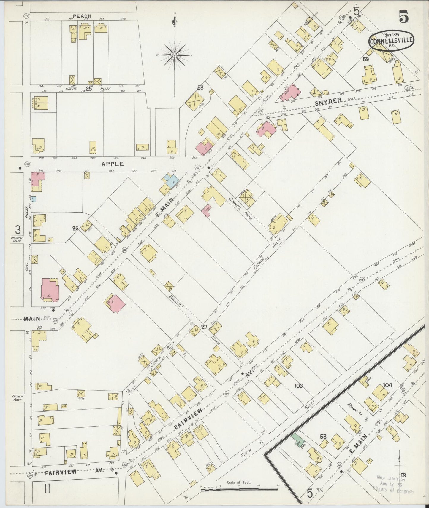 Sanborn Fire Insurance Map from Connellsville, Fayette County, Pennsylvania (1896), Sheet #0005 - Historic Sanborn Fire Insurance Map Print, vintage old map wall art, antique decor, genealogy gift, Pennsylvania Pennsylvania map
