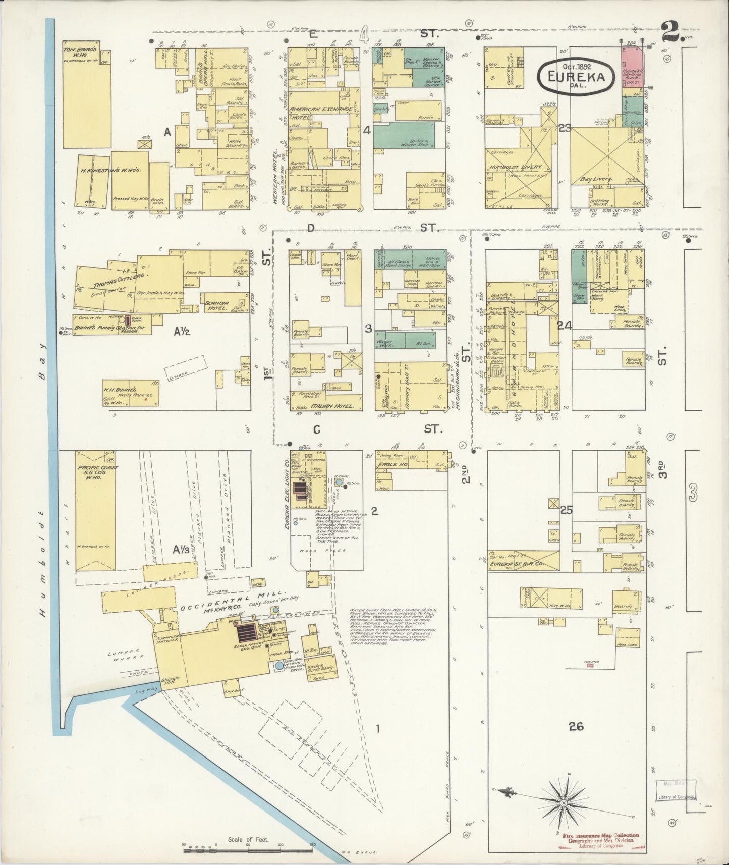 Sanborn Fire Insurance Map from Eureka, Humboldt County, California (1892), Sheet #0002 - Historic Sanborn Fire Insurance Map Print, vintage old map wall art, antique decor, genealogy gift, California California map