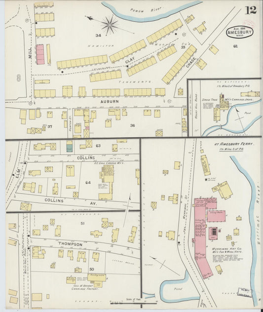 Sanborn Fire Insurance Map from Amesbury, Essex County, Massachusetts (1894), Sheet #0012 - Historic Sanborn Fire Insurance Map Print, vintage old map wall art, antique decor, genealogy gift, Massachusetts Massachusetts map