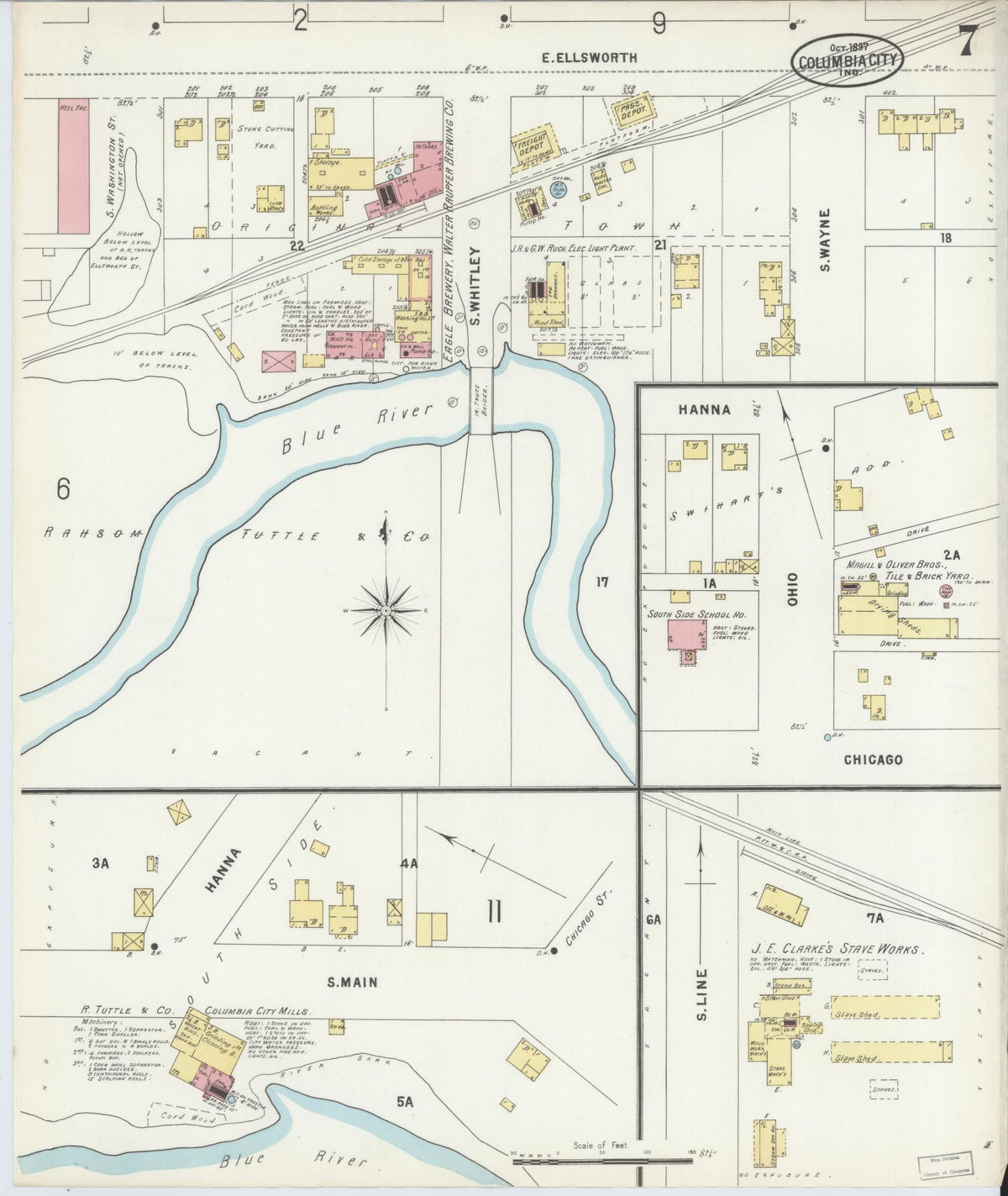 Sanborn Fire Insurance Map from Columbia City, Whitley County, Indiana (1897), Sheet #0007 - Historic Sanborn Fire Insurance Map Print, vintage old map wall art, antique decor, genealogy gift, Indiana Indiana map