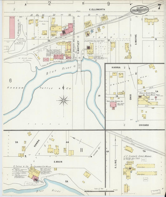 Sanborn Fire Insurance Map from Columbia City, Whitley County, Indiana (1897), Sheet #0007 - Historic Sanborn Fire Insurance Map Print, vintage old map wall art, antique decor, genealogy gift, Indiana Indiana map