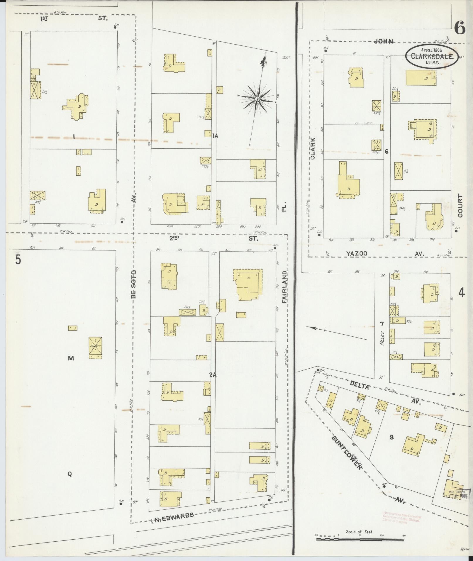 Sanborn Fire Insurance Map from Clarksdale, Coahoma County, Mississippi (1905), Sheet #0006 - Complete Map Set gallery image, historic Sanborn map, vintage wall art, Mississippi Mississippi