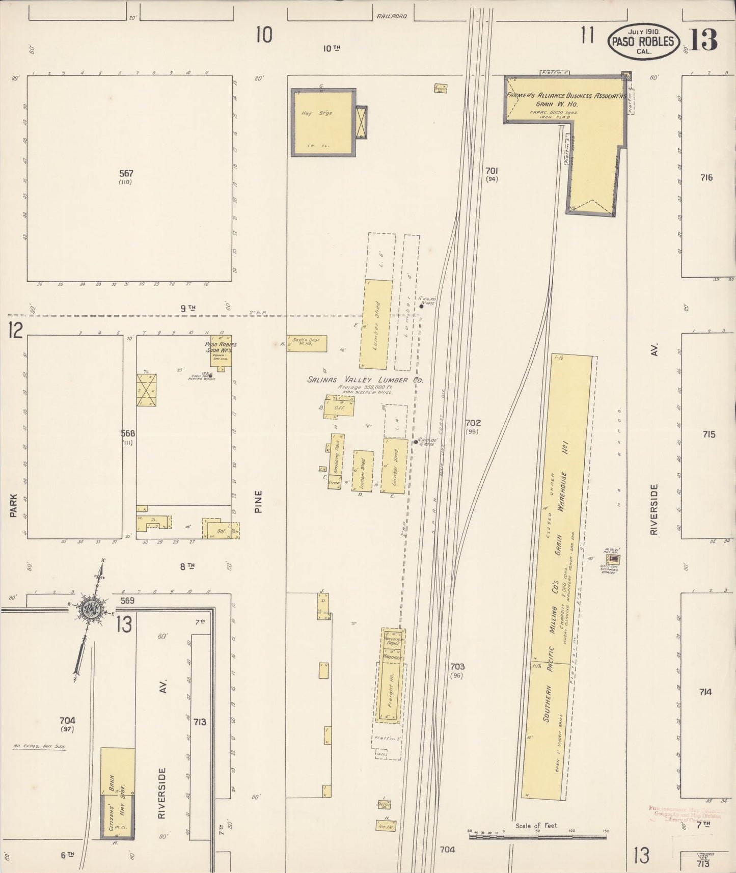 Sanborn Fire Insurance Map from Paso Robles, San Luis Obispo County, California (1910), Sheet #0013 - Complete Map Set gallery image, historic Sanborn map, vintage wall art, California California