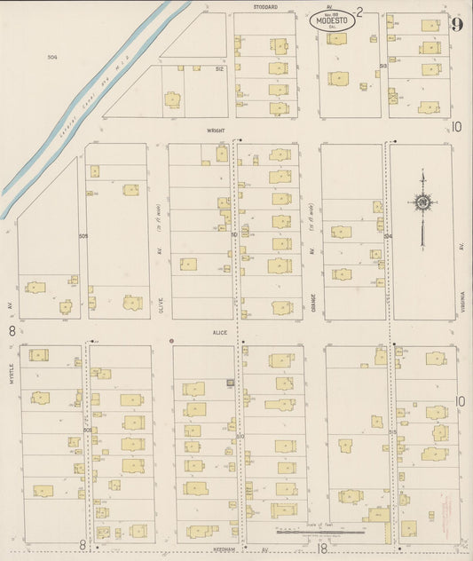 Sanborn Fire Insurance Map from Modesto, Stanislaus County, California (1919), Sheet #0009 - Historic Sanborn Fire Insurance Map Print, vintage old map wall art, antique decor, genealogy gift, California California map
