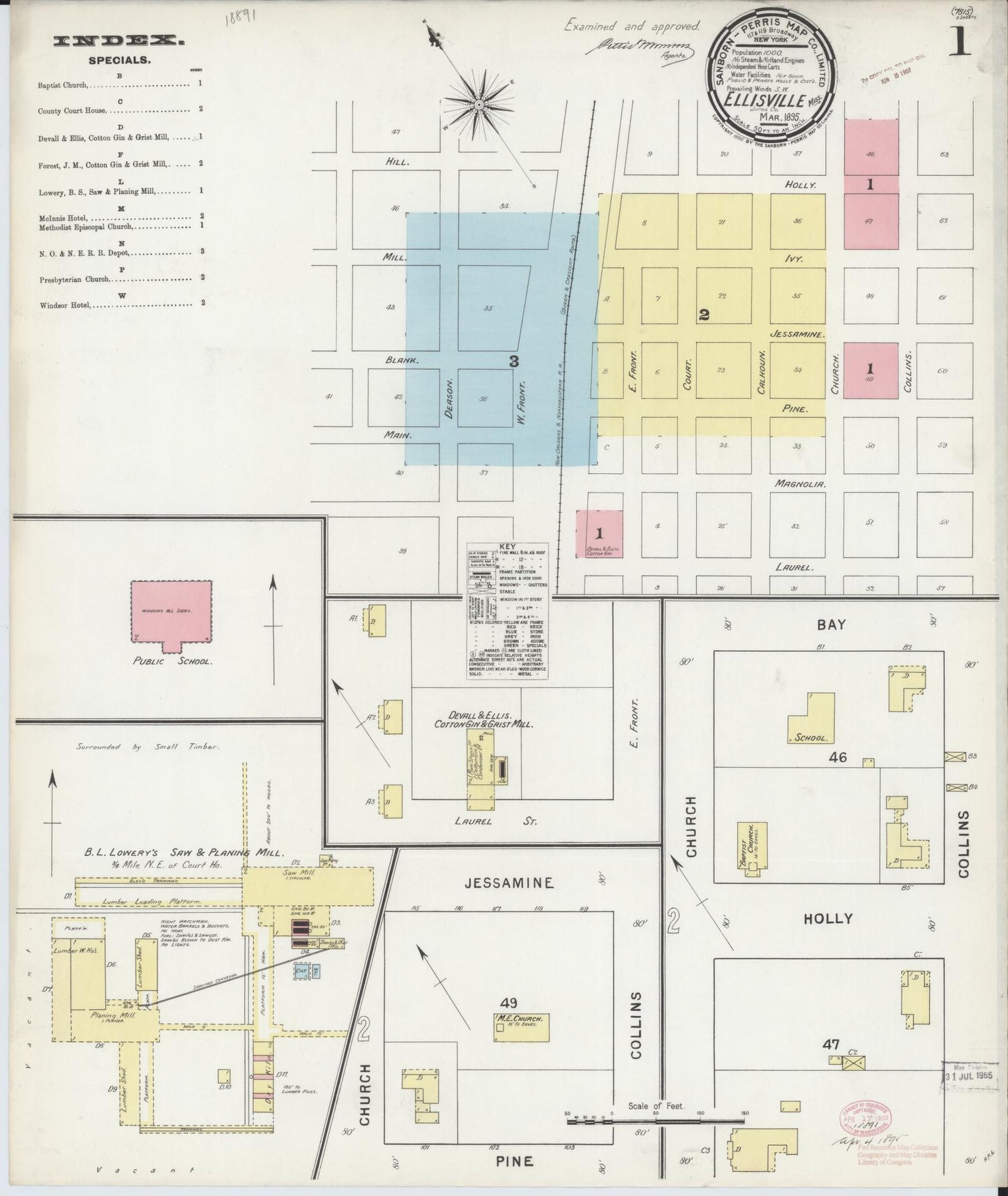 Sanborn Fire Insurance Map from Ellisville, Jones County, Mississippi (1895), Sheet #0001 - Historic Sanborn Fire Insurance Map Print, vintage old map wall art, antique decor, genealogy gift, Mississippi Mississippi map