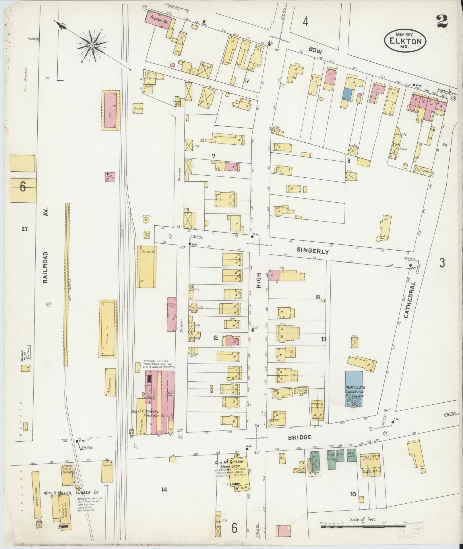 Sanborn Fire Insurance Map from Elkton, Cecil County, Maryland (1907), Sheet #0002 - Complete Map Set gallery image, historic Sanborn map, vintage wall art, Maryland Maryland