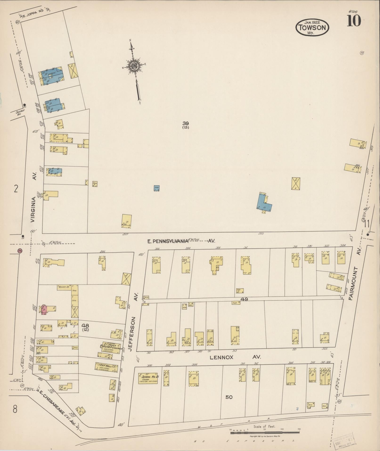 Sanborn Fire Insurance Map from Towson, Baltimore County, Maryland (1922), Sheet #0010 - Historic Sanborn Fire Insurance Map Print, vintage old map wall art, antique decor, genealogy gift, Maryland Maryland map