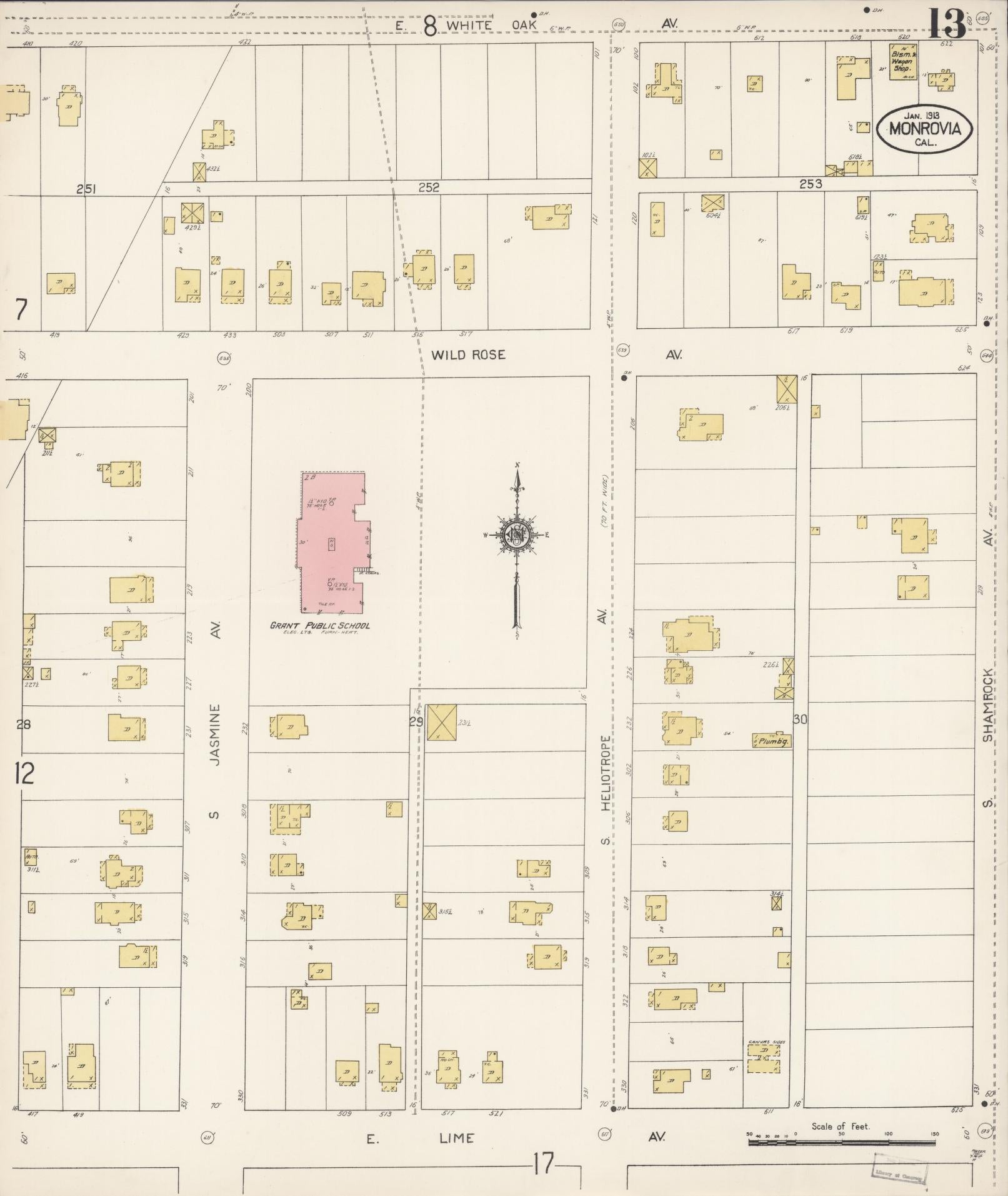 Sanborn Fire Insurance Map from Monrovia, Los Angeles County, California (1913), Sheet #0013 - Complete Map Set gallery image, historic Sanborn map, vintage wall art, California California