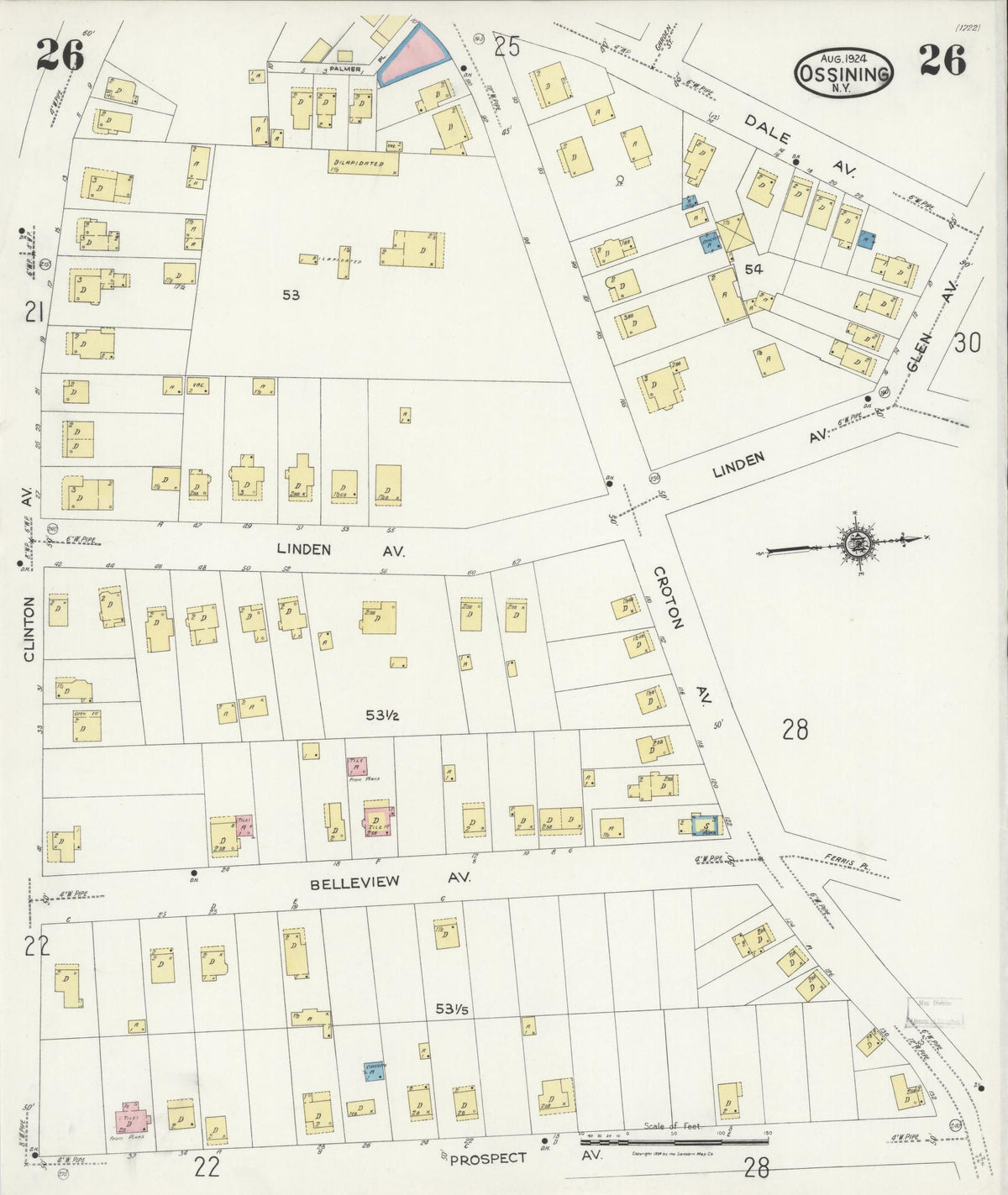 Sanborn Fire Insurance Map from Ossining, Westchester County, New York (1924), Sheet #0026 - Historic Sanborn Fire Insurance Map Print, vintage old map wall art, antique decor, genealogy gift, New York New York map