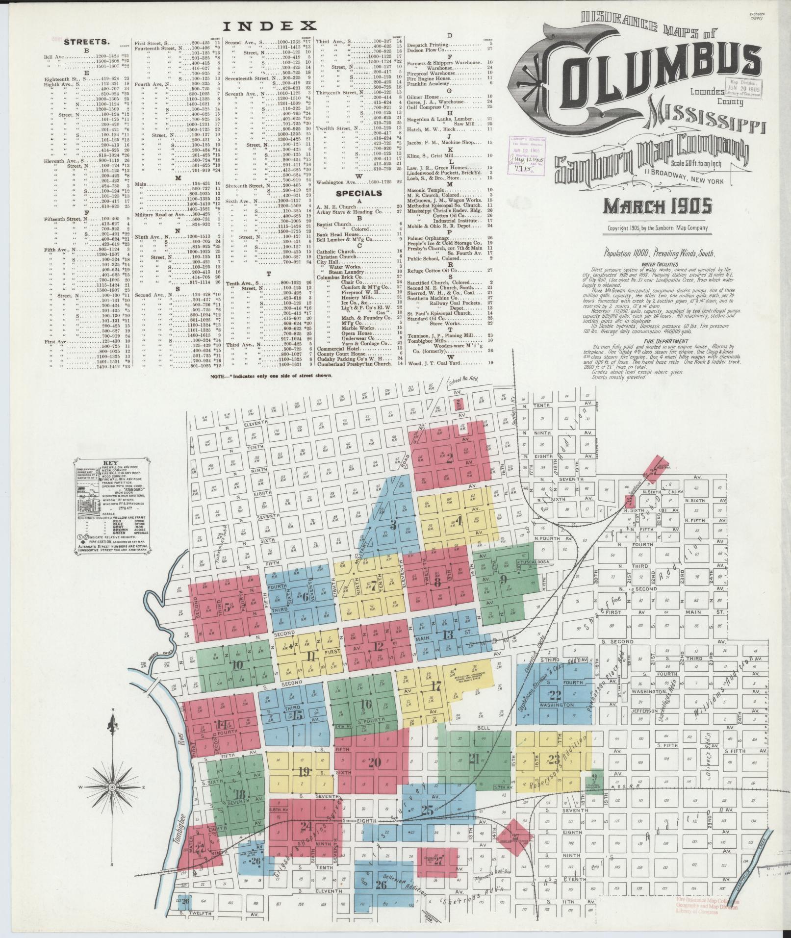 Sanborn Fire Insurance Map from Columbus, Lowndes County, Mississippi (1905), Sheet #0001 - Historic Sanborn Fire Insurance Map Print, vintage old map wall art, antique decor, genealogy gift, Mississippi Mississippi map