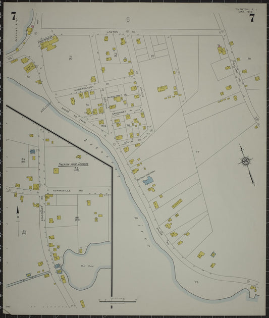 Sanborn Fire Insurance Map from Tiverton, Newport County, Rhode Island (1933), Sheet #0007 - Historic Sanborn Fire Insurance Map Print, vintage old map wall art, antique decor, genealogy gift, Rhode Island Rhode Island map
