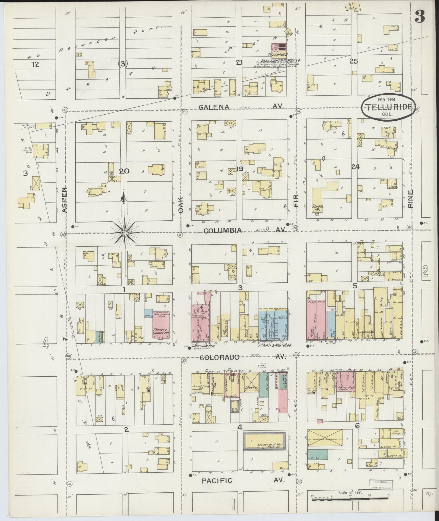 Sanborn Fire Insurance Map from Telluride, San Miguel County, Colorado (1893), Sheet #0003 - Historic Sanborn Fire Insurance Map Print, vintage old map wall art, antique decor, genealogy gift, Colorado Colorado map