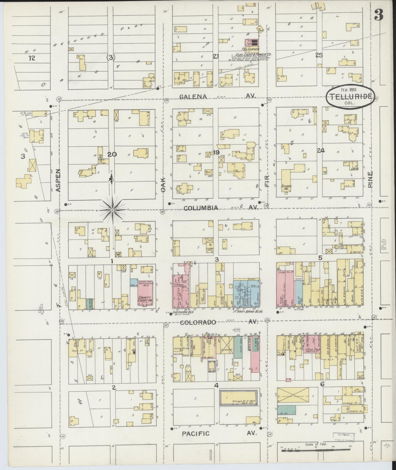 Sanborn Fire Insurance Map from Telluride, San Miguel County, Colorado (1893), Sheet #0003 - Historic Sanborn Fire Insurance Map Print, vintage old map wall art, antique decor, genealogy gift, Colorado Colorado map