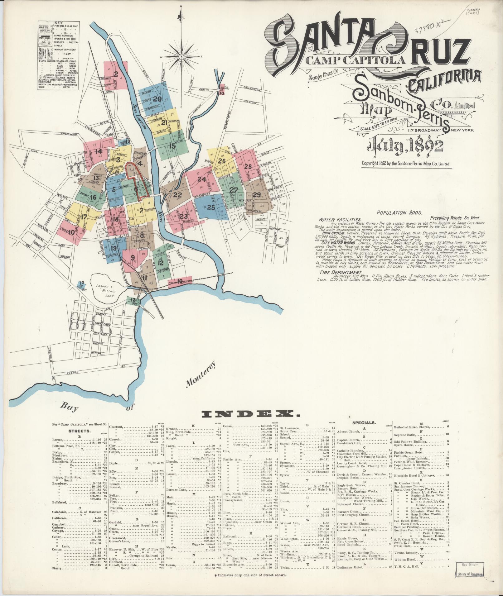 Sanborn Fire Insurance Map from Santa Cruz, Santa Cruz County, California (1892), Sheet #0001 - Complete Map Set gallery image, historic Sanborn map, vintage wall art, California California