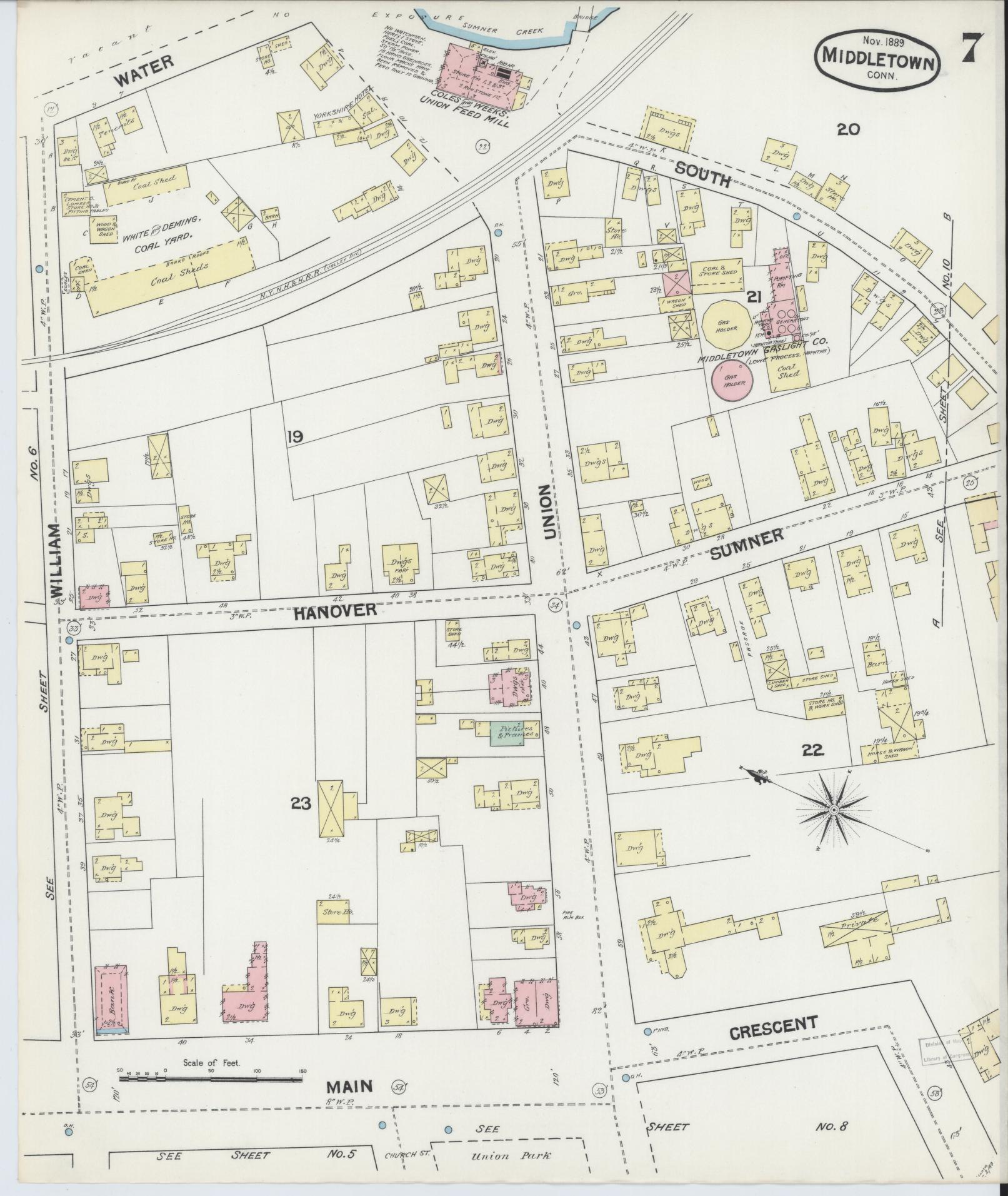 Sanborn Fire Insurance Map from Middletown, Middlesex County, Connecticut (1889), Sheet #0007 - Historic Sanborn Fire Insurance Map Print, vintage old map wall art, antique decor, genealogy gift, Connecticut Connecticut map