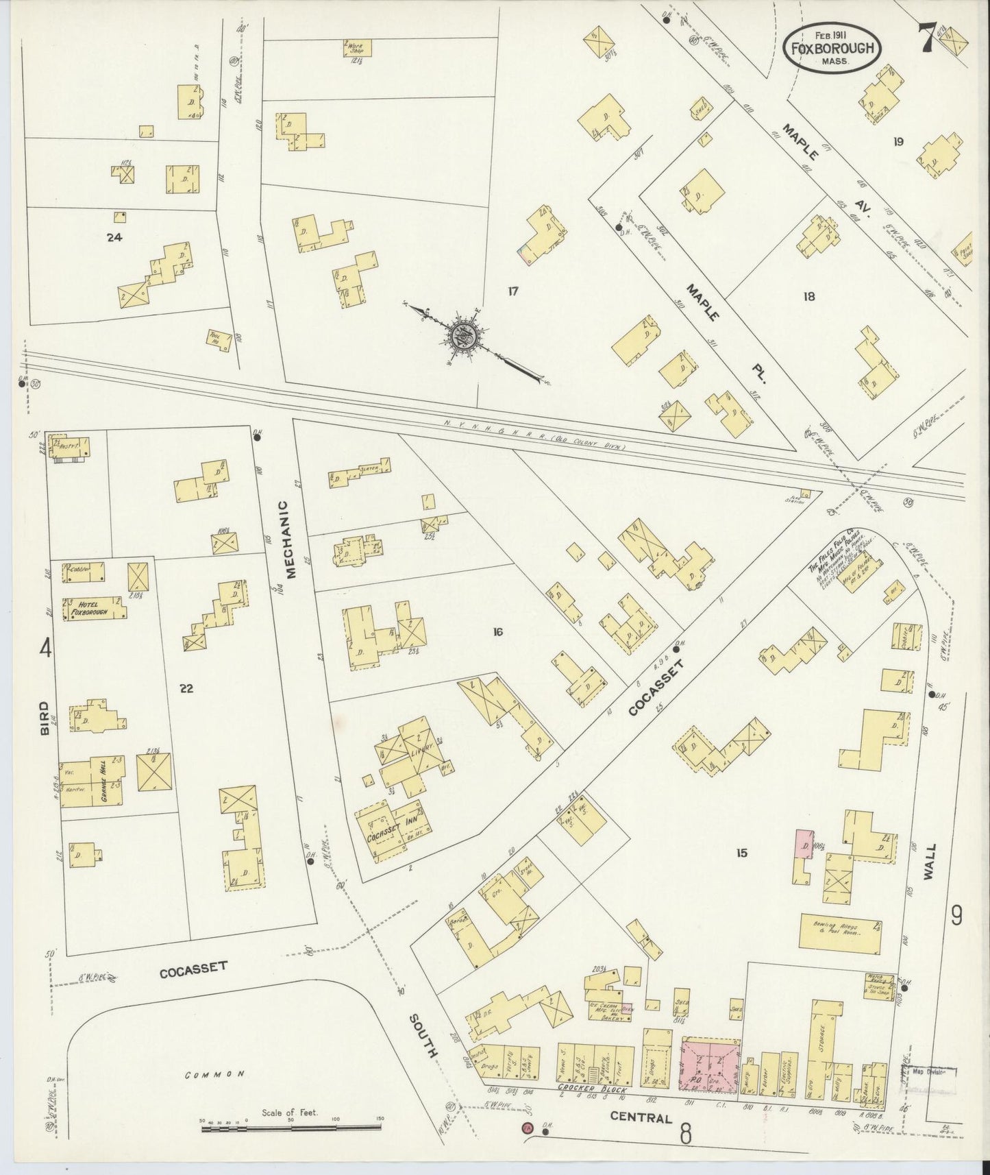 Sanborn Fire Insurance Map from Foxboro, Norfolk County, Massachusetts (1911), Sheet #0007 - Historic Sanborn Fire Insurance Map Print, vintage old map wall art, antique decor, genealogy gift, Massachusetts Massachusetts map