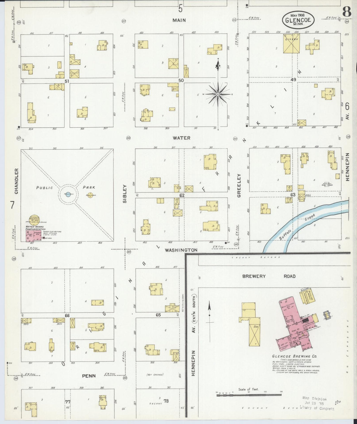 Sanborn Fire Insurance Map from Glencoe, Mcleod County, Minnesota (1908), Sheet #0008 - Complete Map Set gallery image, historic Sanborn map, vintage wall art, Minnesota Minnesota