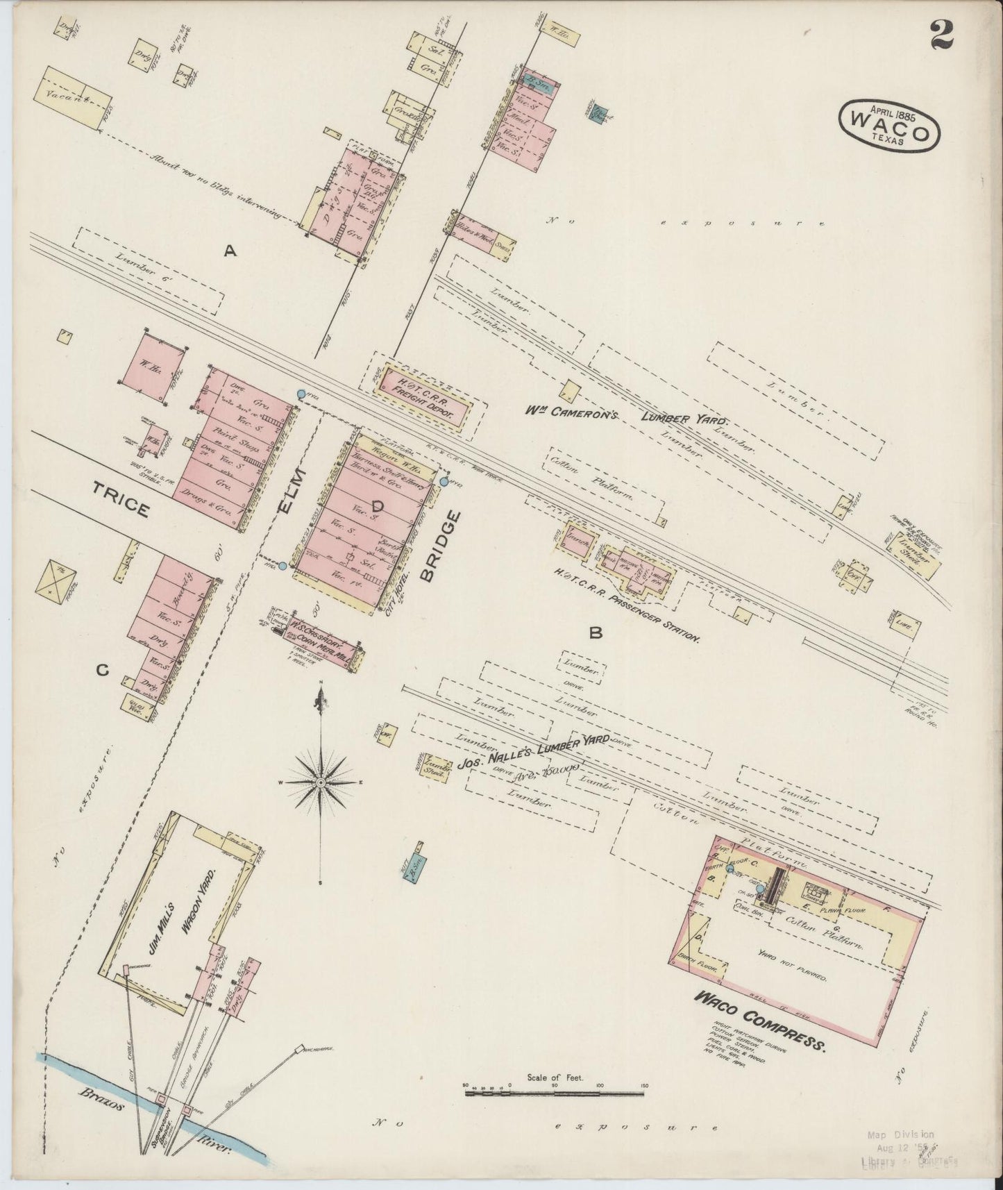 Sanborn Fire Insurance Map from Waco, McLennan County, Texas (1885), Sheet #0002 - Historic Sanborn Fire Insurance Map Print, vintage old map wall art, antique decor, genealogy gift, Texas Texas map