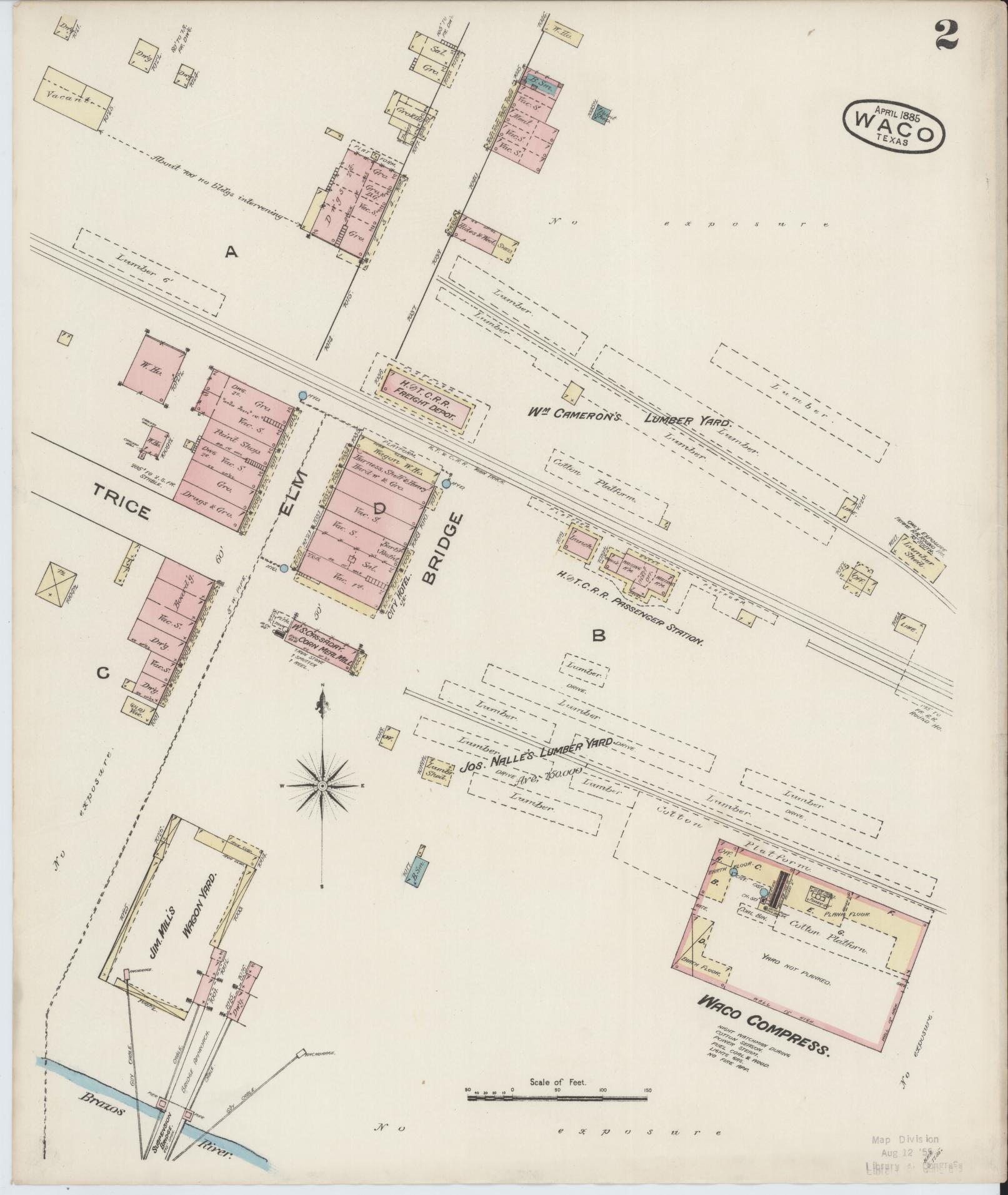 Sanborn Fire Insurance Map from Waco, McLennan County, Texas (1885), Sheet #0002 - Historic Sanborn Fire Insurance Map Print, vintage old map wall art, antique decor, genealogy gift, Texas Texas map