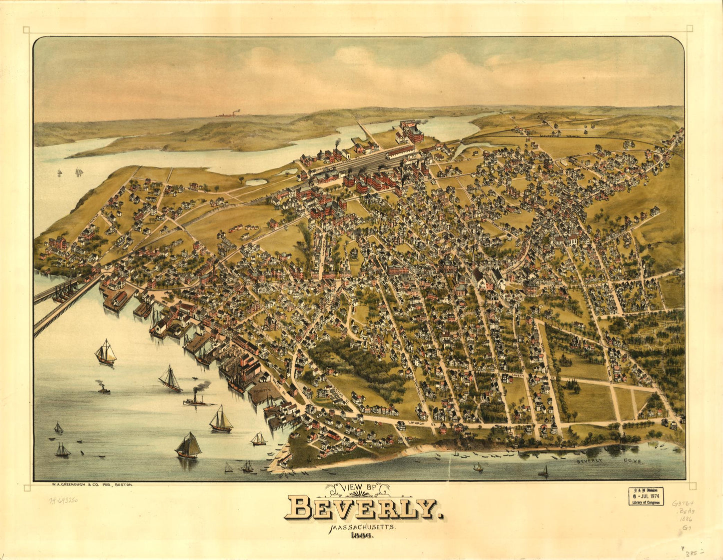 View of Beverly, Massachusetts, 1886. (1886) – Historic Bird’s-Eye View Panorama Print