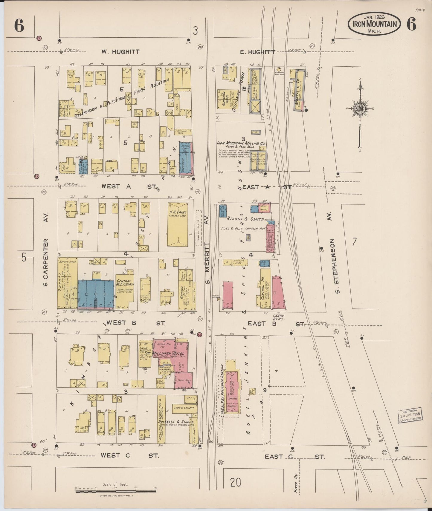 Sanborn Fire Insurance Map from Iron Mountain, Dickinson County, Michigan (1923), Sheet #0006 - Historic Sanborn Fire Insurance Map Print, vintage old map wall art, antique decor, genealogy gift, Michigan Michigan map