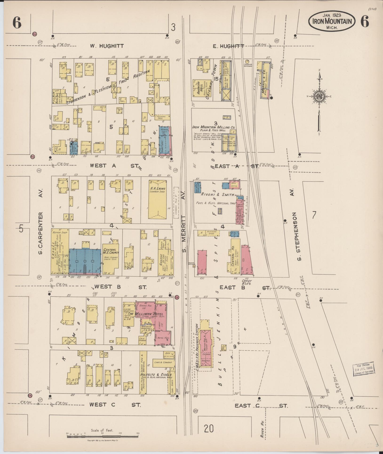 Sanborn Fire Insurance Map from Iron Mountain, Dickinson County, Michigan (1923), Sheet #0006 - Historic Sanborn Fire Insurance Map Print, vintage old map wall art, antique decor, genealogy gift, Michigan Michigan map