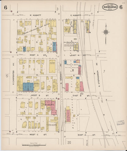 Sanborn Fire Insurance Map from Iron Mountain, Dickinson County, Michigan (1923), Sheet #0006 - Historic Sanborn Fire Insurance Map Print, vintage old map wall art, antique decor, genealogy gift, Michigan Michigan map