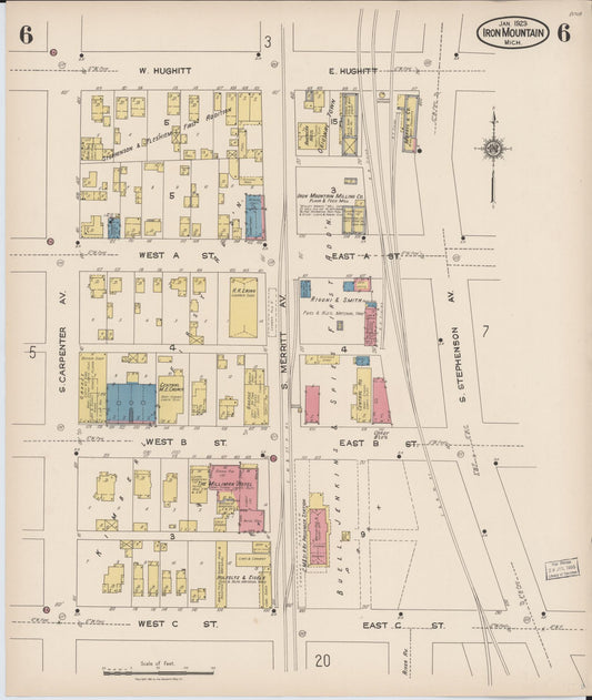 Sanborn Fire Insurance Map from Iron Mountain, Dickinson County, Michigan (1923), Sheet #0006 - Historic Sanborn Fire Insurance Map Print, vintage old map wall art, antique decor, genealogy gift, Michigan Michigan map