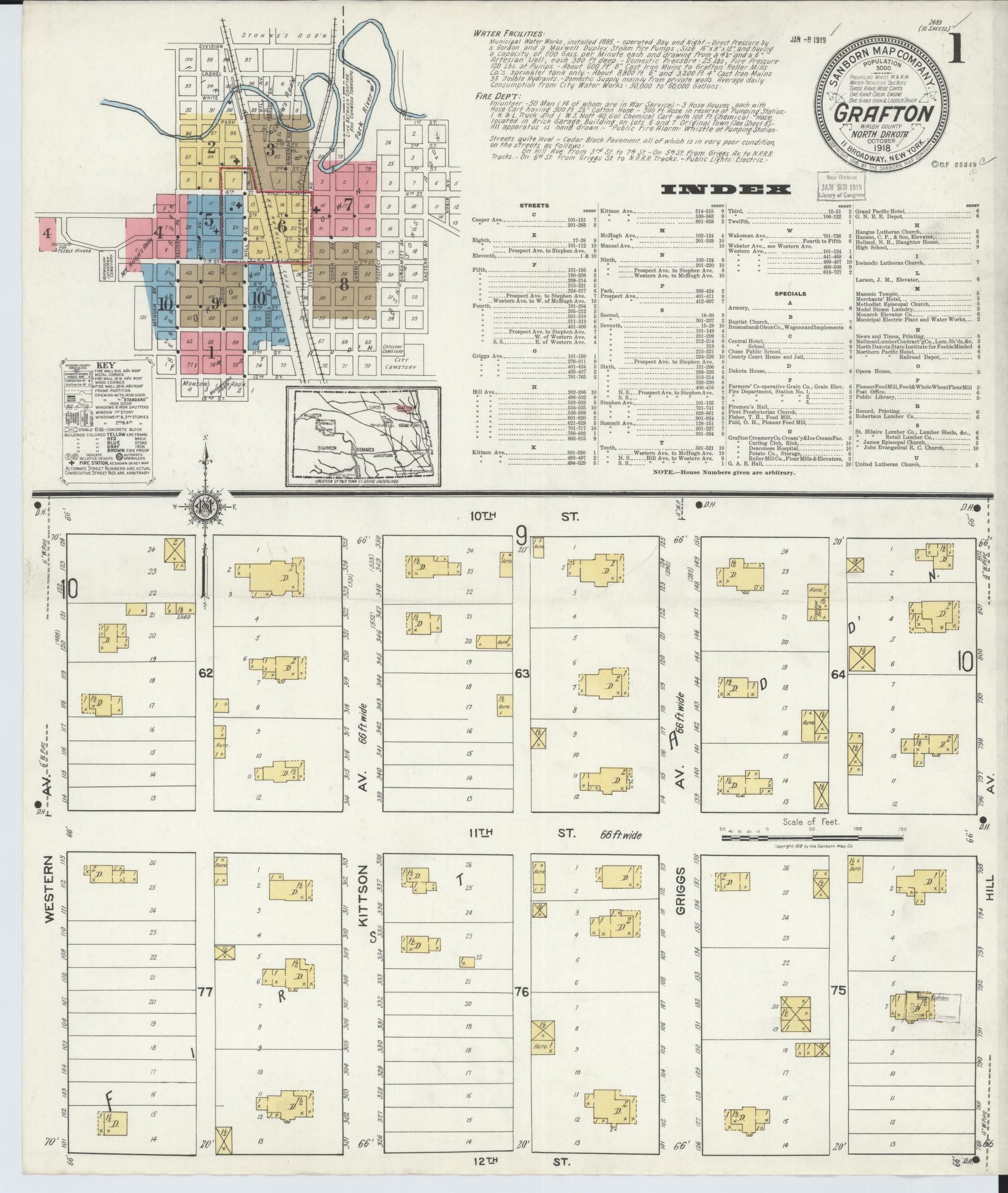 Sanborn Fire Insurance Map from Grafton, Walsh County, North Dakota (1918), Sheet #0001 - Historic Sanborn Fire Insurance Map Print, vintage old map wall art, antique decor, genealogy gift, North Dakota North Dakota map