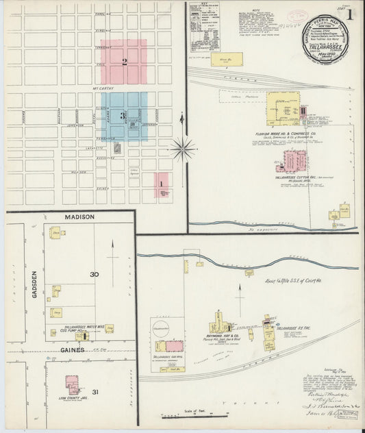 Sanborn Fire Insurance Map from Tallahassee, Leon County, Florida (1890), Sheet #0001 - Historic Sanborn Fire Insurance Map Print, vintage old map wall art, antique decor, genealogy gift, Florida Florida map