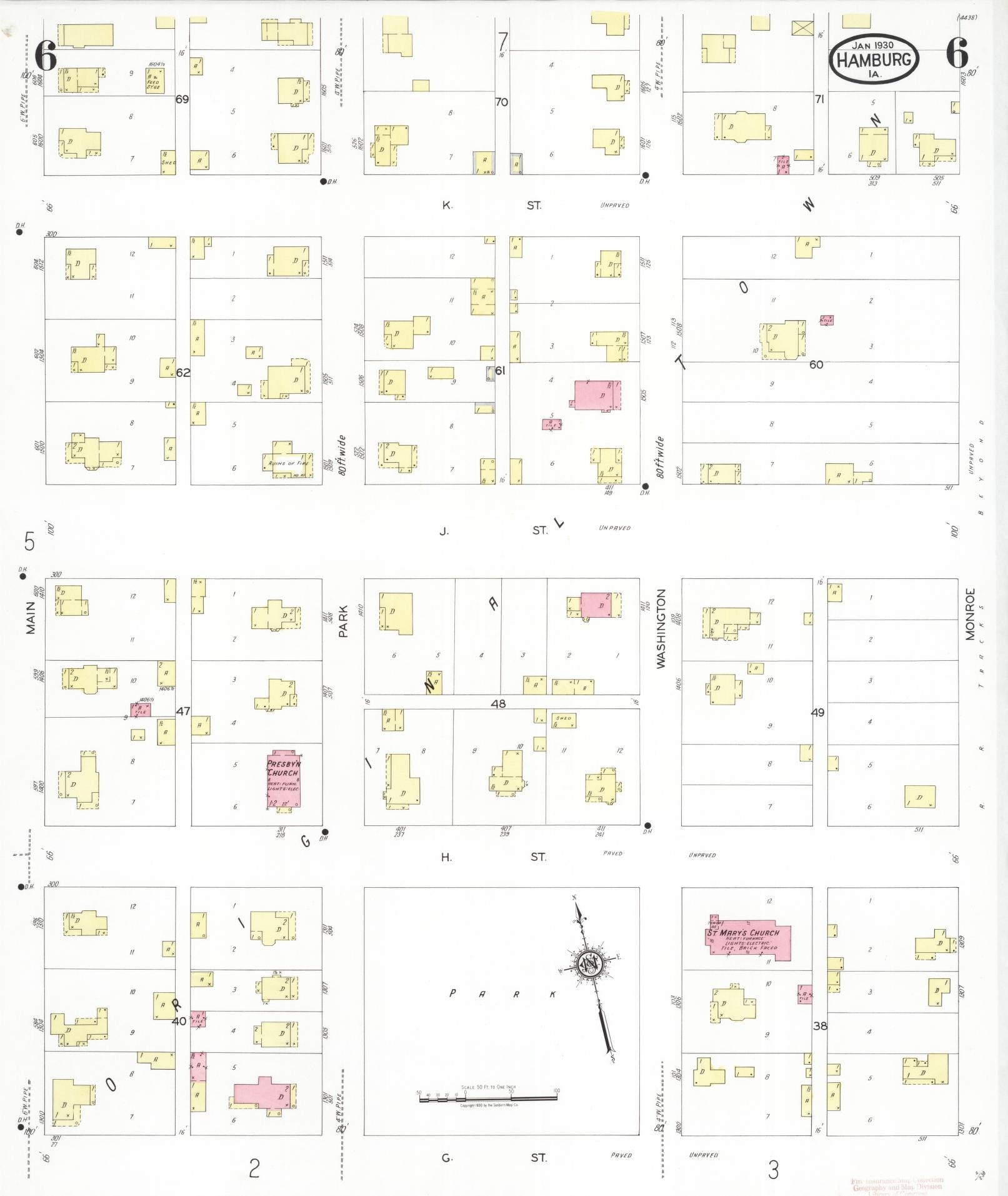 Sanborn Fire Insurance Map from Hamburg, Fremont County, Iowa (1930), Sheet #0006 - Historic Sanborn Fire Insurance Map Print, vintage old map wall art