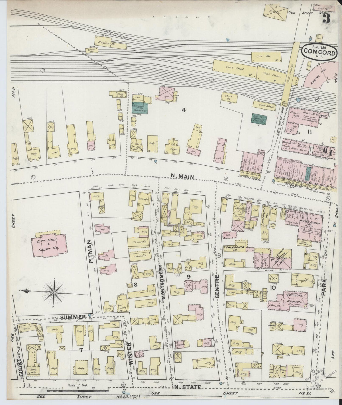 Sanborn Fire Insurance Map from Concord, Merrimack County, New Hampshire (1889), Sheet #0003 - Historic Sanborn Fire Insurance Map Print, vintage old map wall art, antique decor, genealogy gift, New Hampshire New Hampshire map