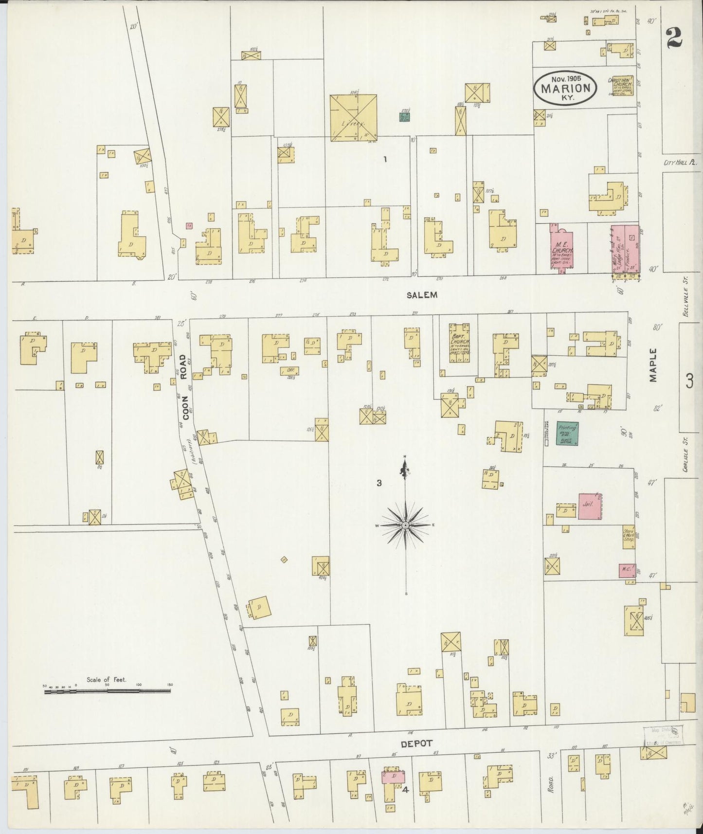 Sanborn Fire Insurance Map from Marion, Crittenden County, Kentucky (1905), Sheet #0002 - Historic Sanborn Fire Insurance Map Print, vintage old map wall art, antique decor, genealogy gift, Kentucky Kentucky map