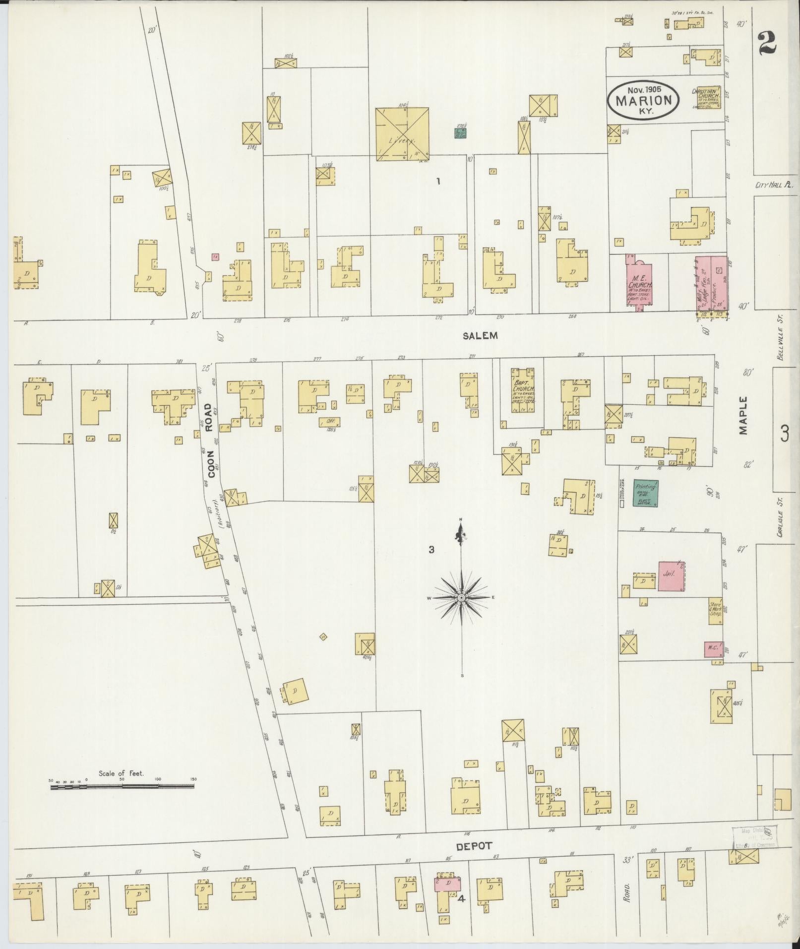 Sanborn Fire Insurance Map from Marion, Crittenden County, Kentucky (1905), Sheet #0002 - Historic Sanborn Fire Insurance Map Print, vintage old map wall art, antique decor, genealogy gift, Kentucky Kentucky map