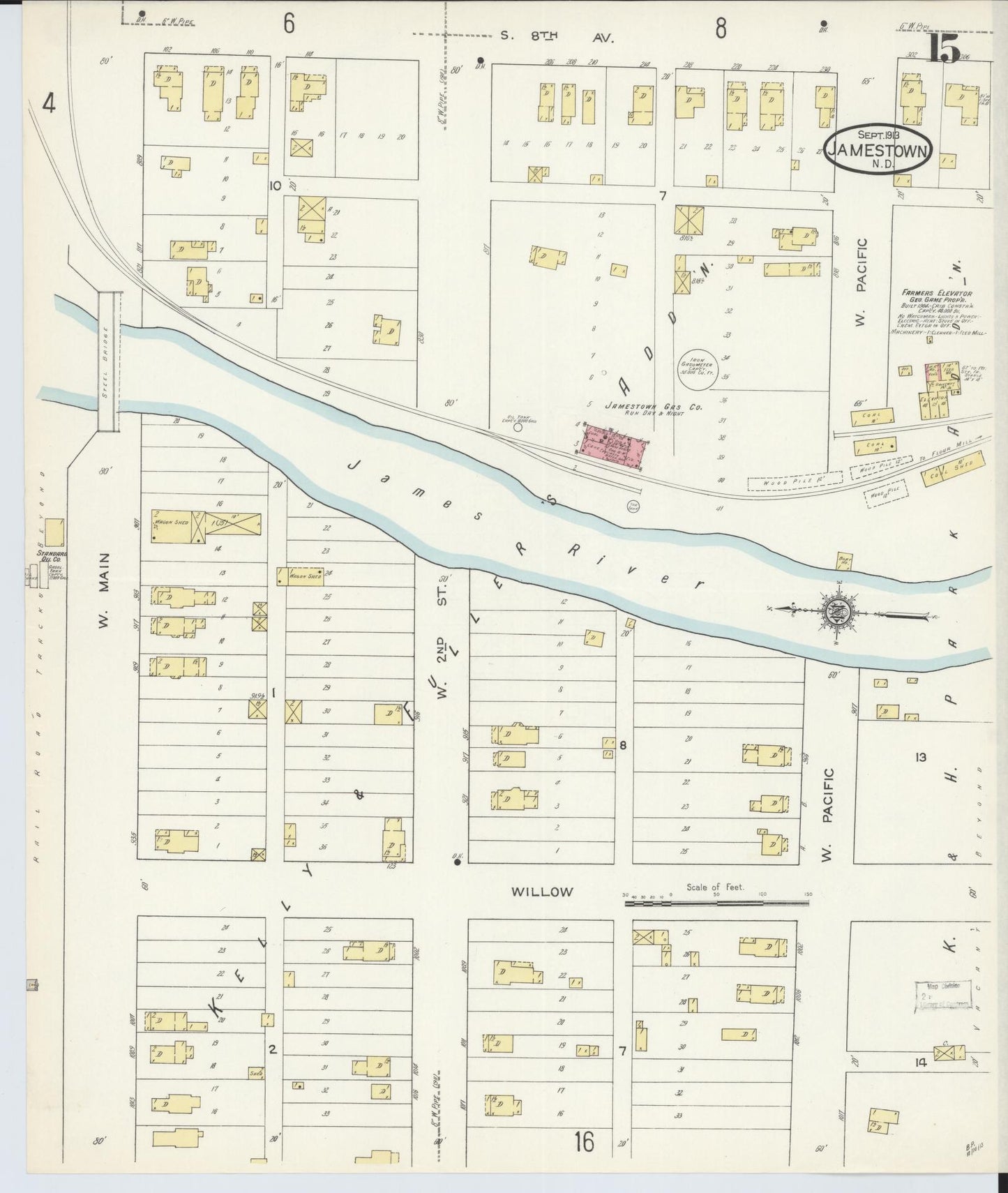 Sanborn Fire Insurance Map from Jamestown, Stutsman County, North Dakota (1913), Sheet #0015 - Complete Map Set gallery image, historic Sanborn map, vintage wall art, North Dakota North Dakota