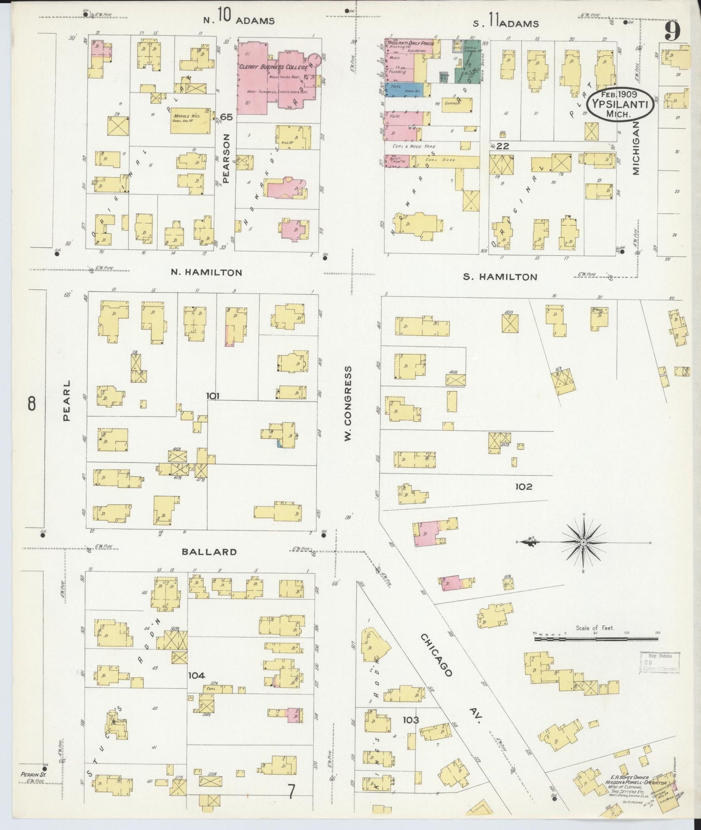 Sanborn Fire Insurance Map from Ypsilanti, Washtenaw County, Michigan (1909), Sheet #0009 - Complete Map Set gallery image, historic Sanborn map, vintage wall art, Michigan Michigan