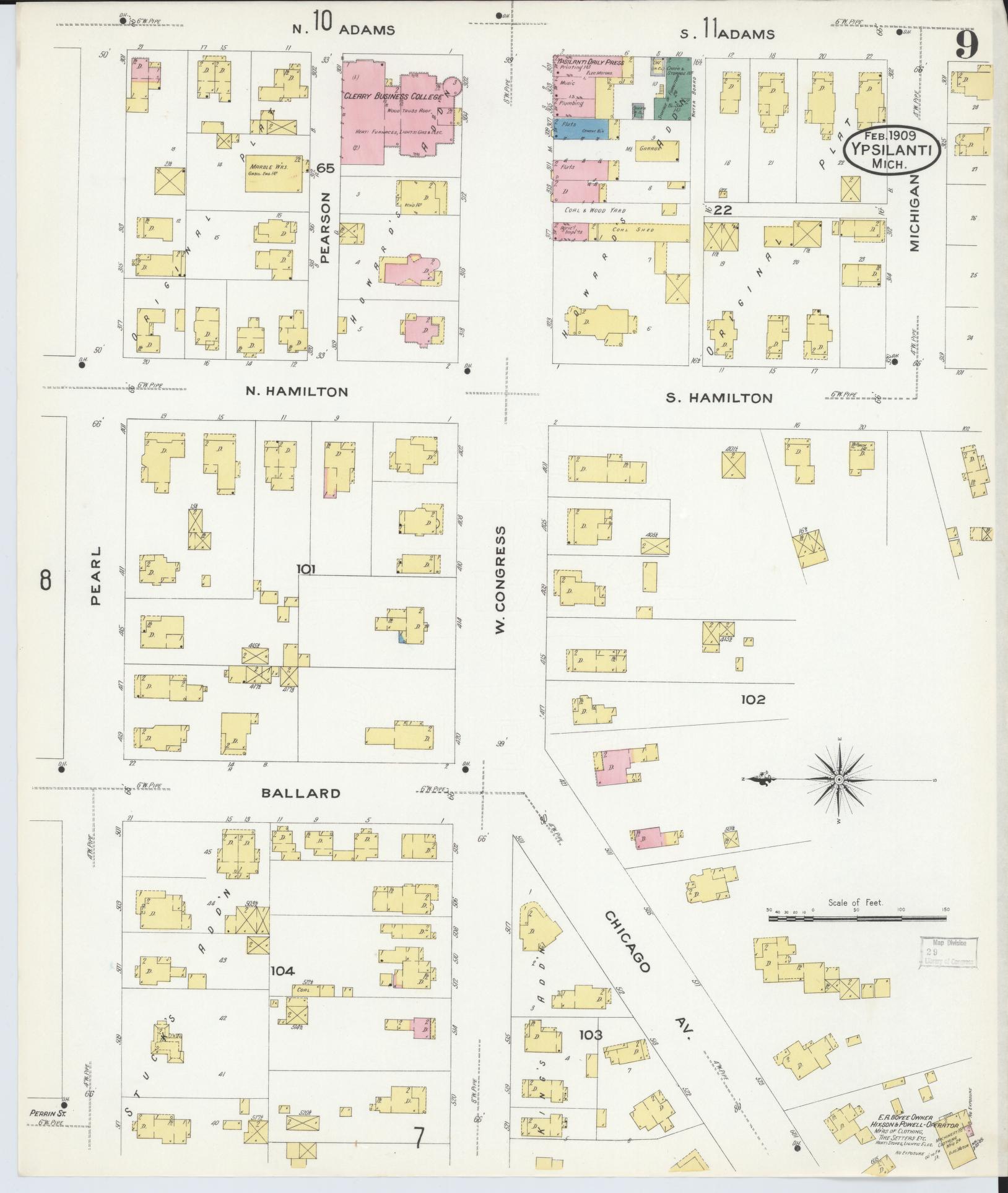 Sanborn Fire Insurance Map from Ypsilanti, Washtenaw County, Michigan (1909), Sheet #0009 - Complete Map Set gallery image, historic Sanborn map, vintage wall art, Michigan Michigan