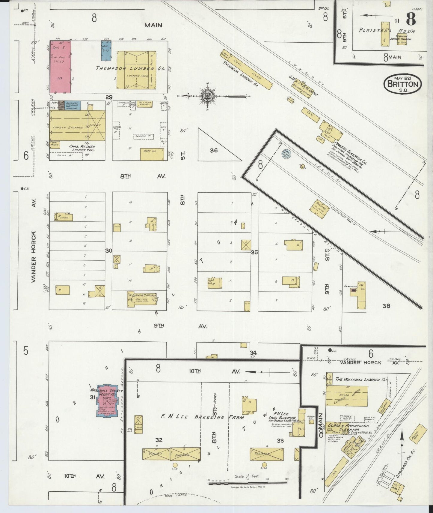 Sanborn Fire Insurance Map from Britton, Marshall County, South Dakota (1921), Sheet #0008 - Complete Map Set gallery image, historic Sanborn map, vintage wall art, South Dakota South Dakota