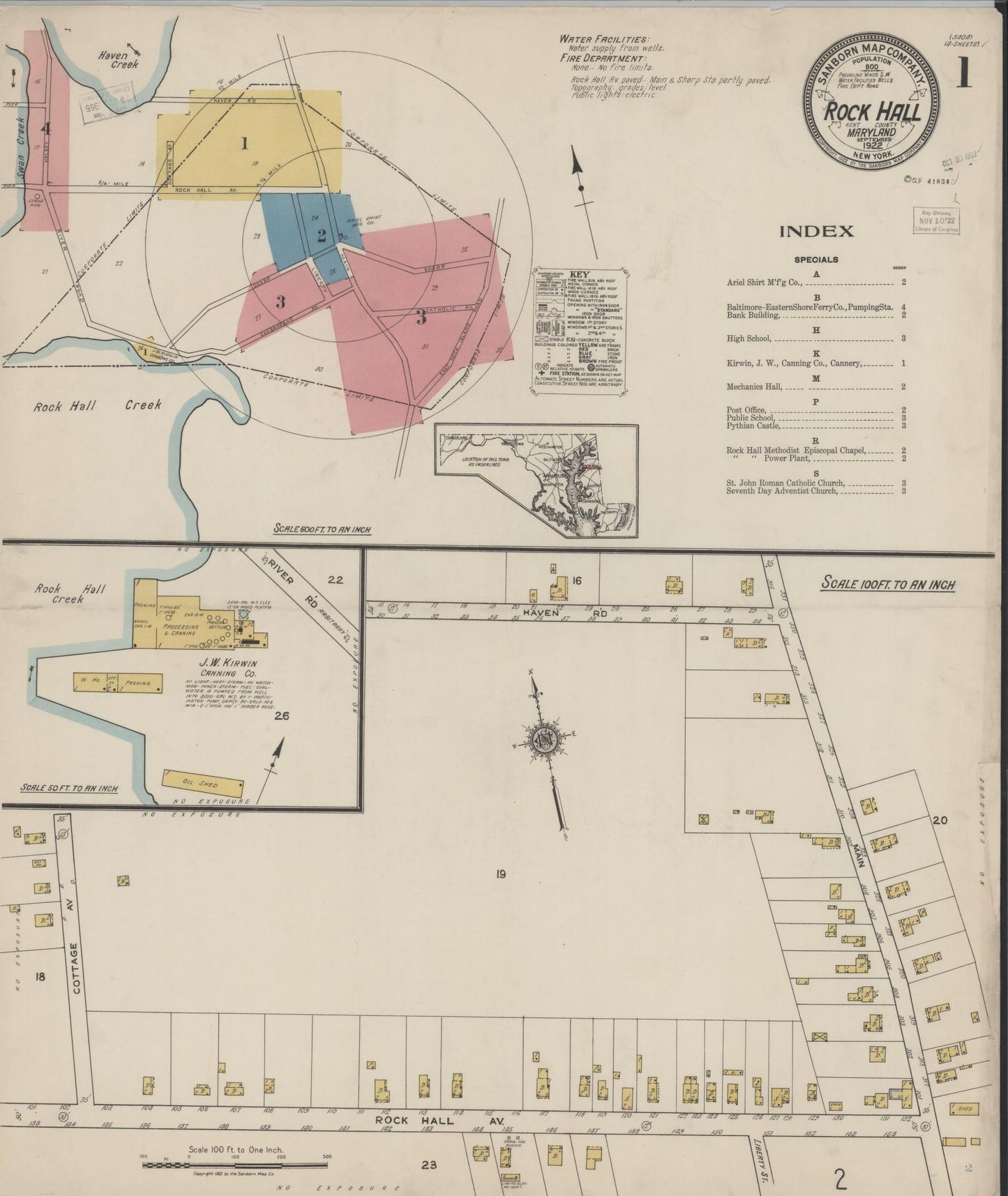 Sanborn Fire Insurance Map from Rock Hall, Kent County, Maryland (1922), Sheet #0001 - Complete Map Set gallery image, historic Sanborn map, vintage wall art, Maryland Maryland