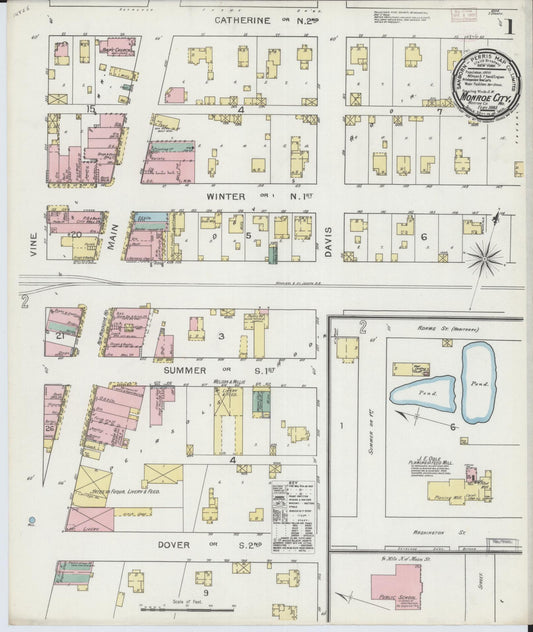 Sanborn Fire Insurance Map from Monroe City, Monroe County, Missouri (1893), Sheet #0001 - Complete Map Set gallery image, historic Sanborn map, vintage wall art, Missouri Missouri