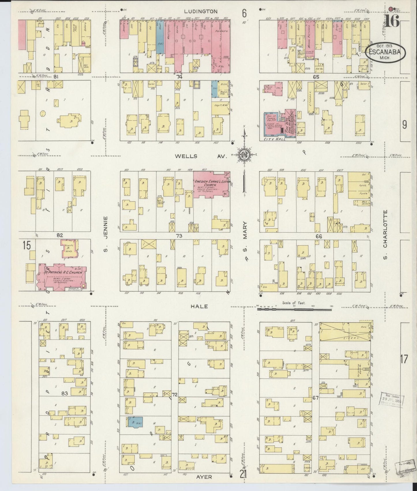 Sanborn Fire Insurance Map from Escanaba, Delta County, Michigan (1913), Sheet #0016 - Historic Sanborn Fire Insurance Map Print, vintage old map wall art, antique decor, genealogy gift, Michigan Michigan map