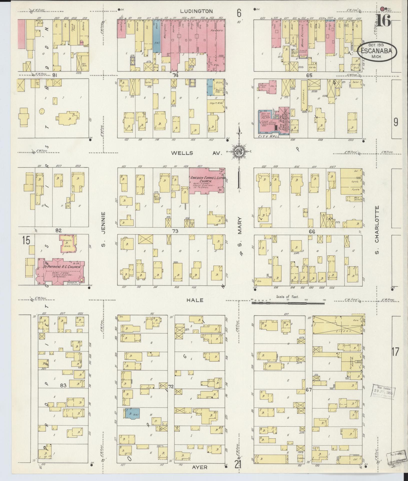 Sanborn Fire Insurance Map from Escanaba, Delta County, Michigan (1913), Sheet #0016 - Historic Sanborn Fire Insurance Map Print, vintage old map wall art, antique decor, genealogy gift, Michigan Michigan map