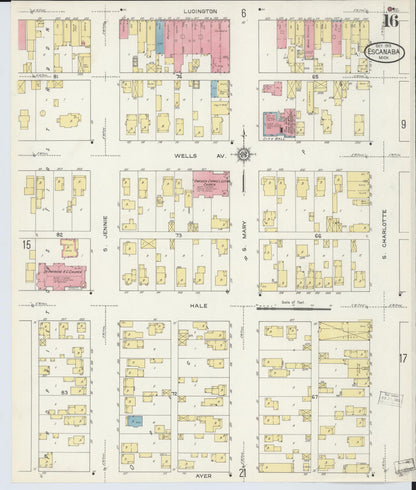 Sanborn Fire Insurance Map from Escanaba, Delta County, Michigan (1913), Sheet #0016 - Historic Sanborn Fire Insurance Map Print, vintage old map wall art, antique decor, genealogy gift, Michigan Michigan map